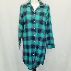 Lands End Womens XS Night Shirt/Dress Plaid Flannel Teal Button Up Classic Cabin